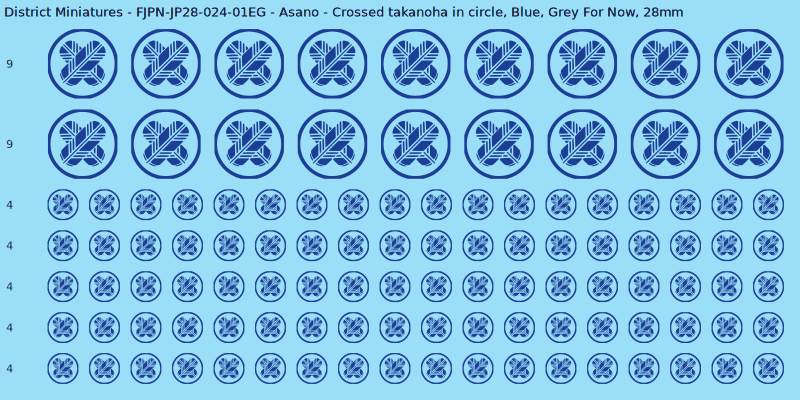 Asano clan mon, Blue waterslide decal sheet, Grey For Now banner sizes, 28mm