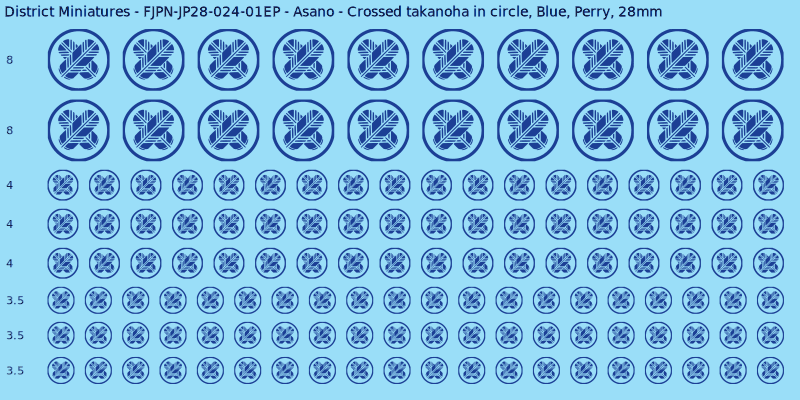Asano clan mon, Blue waterslide decal sheet, Perry banner sizes, 28mm