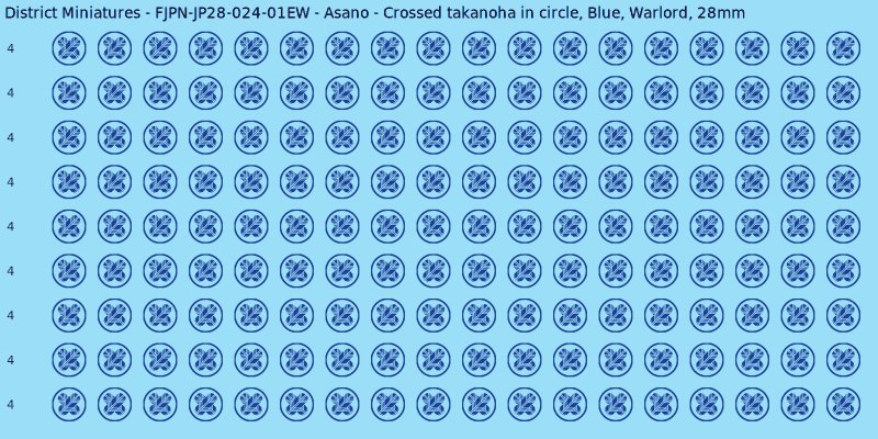 Asano clan mon, Blue waterslide decal sheet, Warlord banner sizes, 28mm