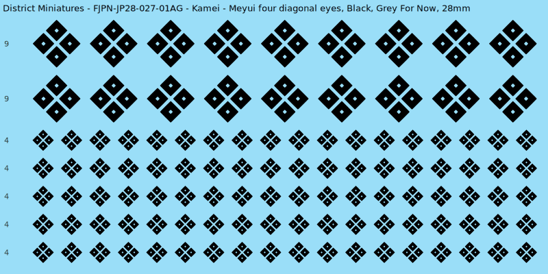Kamei clan mon, Black waterslide decal sheet, Grey For Now banner sizes, 28mm