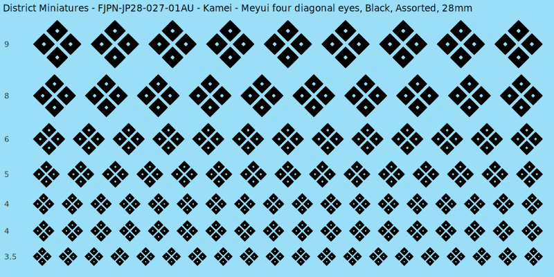 Kamei clan mon, Meyui four diagonal eyes, Black waterslide decal sheet, 28mm