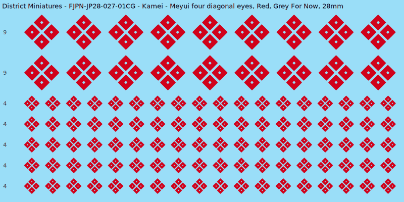 Kamei clan mon, Red waterslide decal sheet, Grey For Now banner sizes, 28mm