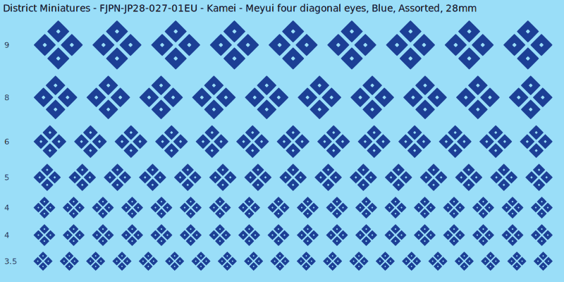 Kamei clan mon, Meyui four diagonal eyes, Blue waterslide decal sheet, 28mm