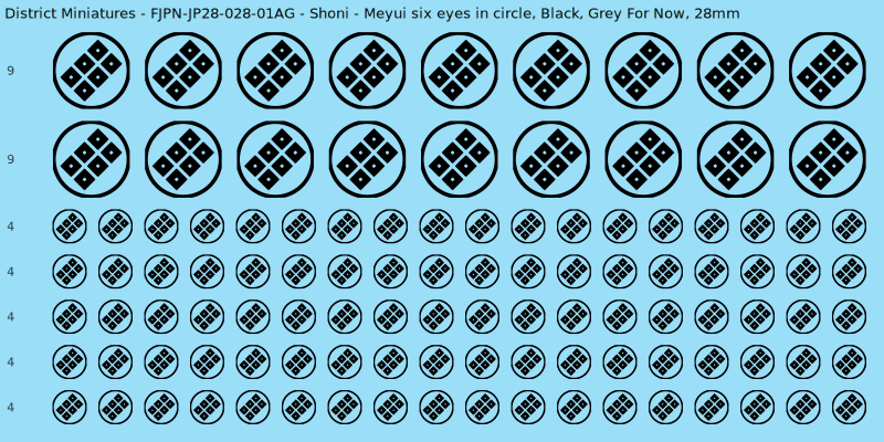 Shoni clan mon, Black waterslide decal sheet, Grey For Now banner sizes, 28mm