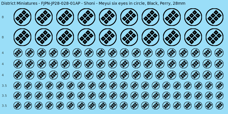 Shoni clan mon, Black waterslide decal sheet, Perry banner sizes, 28mm