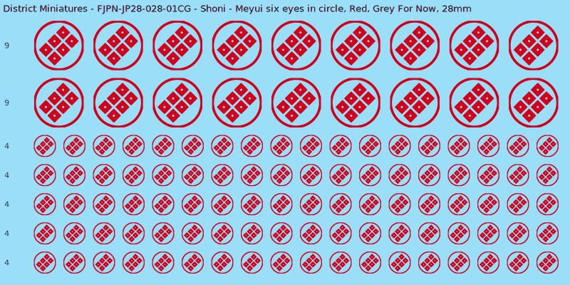 Shoni clan mon, Red waterslide decal sheet, Grey For Now banner sizes, 28mm