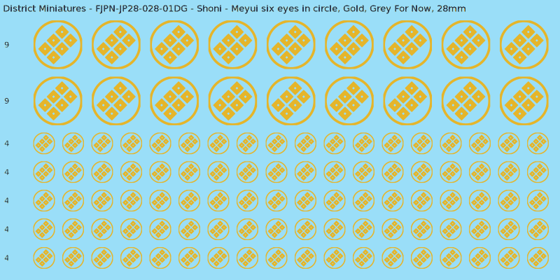 Shoni clan mon, Yellow/Gold waterslide decal sheet, Grey For Now banner sizes, 28mm