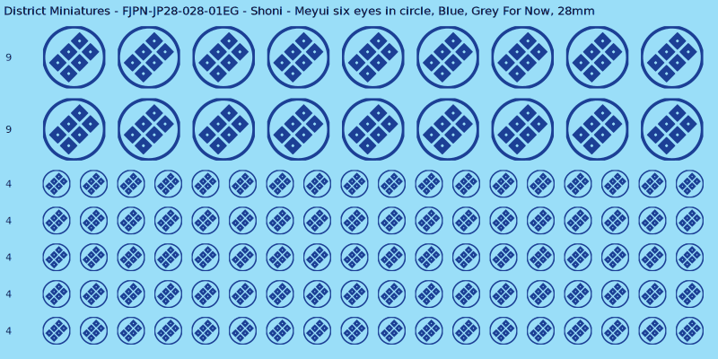 Shoni clan mon, Blue waterslide decal sheet, Grey For Now banner sizes, 28mm