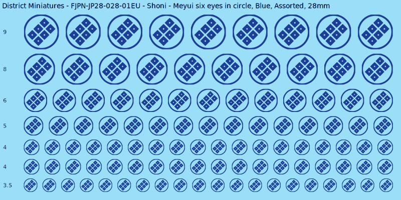 Shoni clan mon, Meyui six eyes in circle, Blue waterslide decal sheet, 28mm