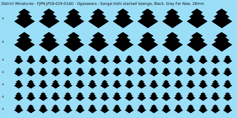 Ogasawara clan mon, Black waterslide decal sheet, Grey For Now banner sizes, 28mm