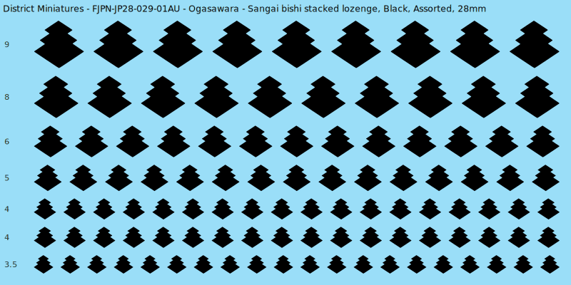 Ogasawara clan mon, Sangai bishi stacked lozenge, Black waterslide decal sheet, 28mm