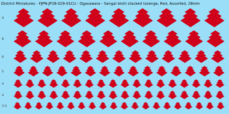 Ogasawara clan mon, Sangai bishi stacked lozenge, Red waterslide decal sheet, 28mm