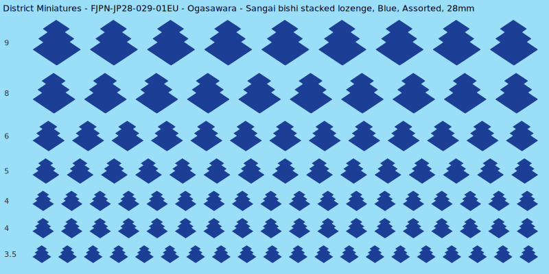 Ogasawara clan mon, Sangai bishi stacked lozenge, Blue waterslide decal sheet, 28mm