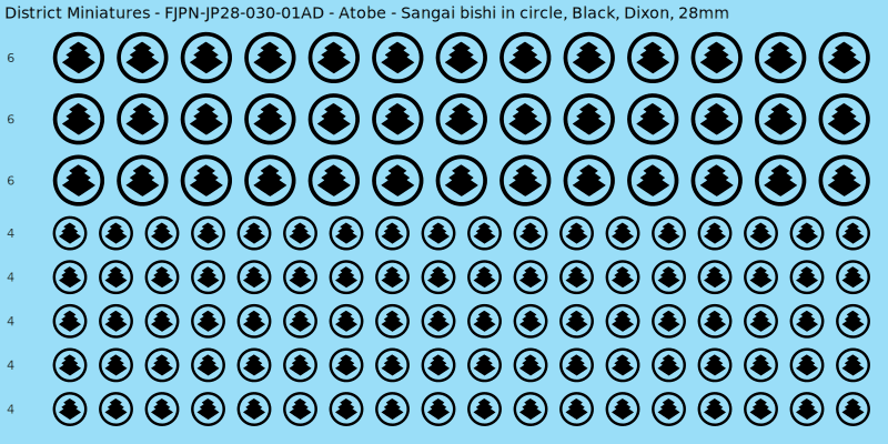 Atobe clan mon, Black waterslide decal sheet, Dixon banner sizes, 28mm
