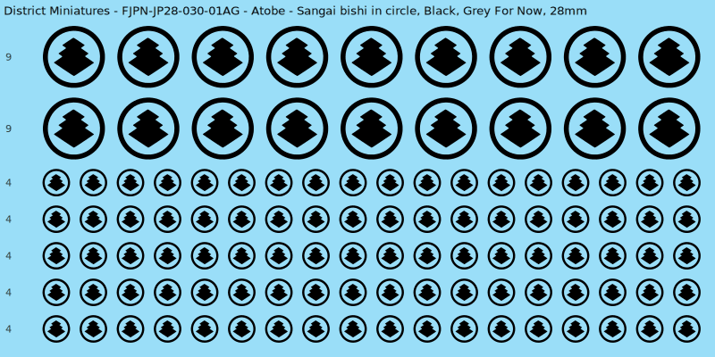 Atobe clan mon, Black waterslide decal sheet, Grey For Now banner sizes, 28mm