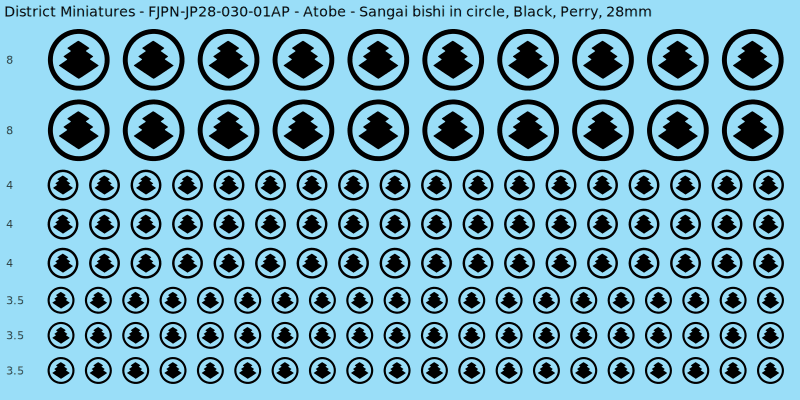 Atobe clan mon, Black waterslide decal sheet, Perry banner sizes, 28mm