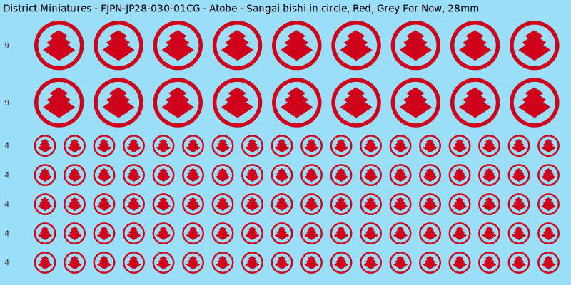 Atobe clan mon, Red waterslide decal sheet, Grey For Now banner sizes, 28mm