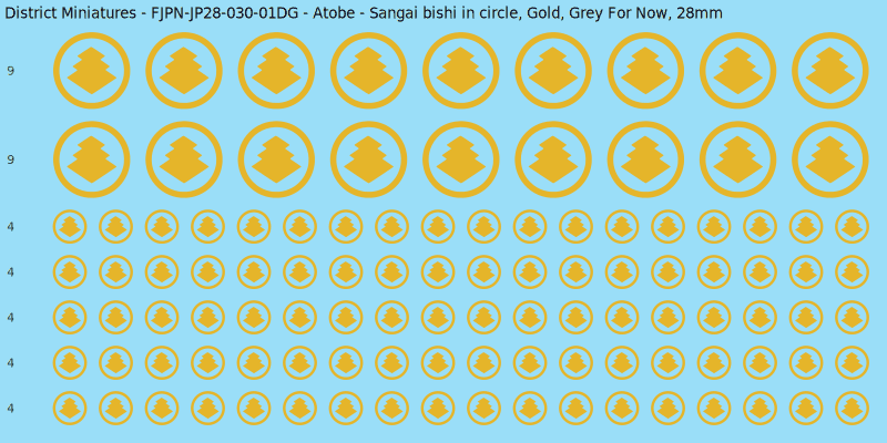 Atobe clan mon, Yellow/Gold waterslide decal sheet, Grey For Now banner sizes, 28mm