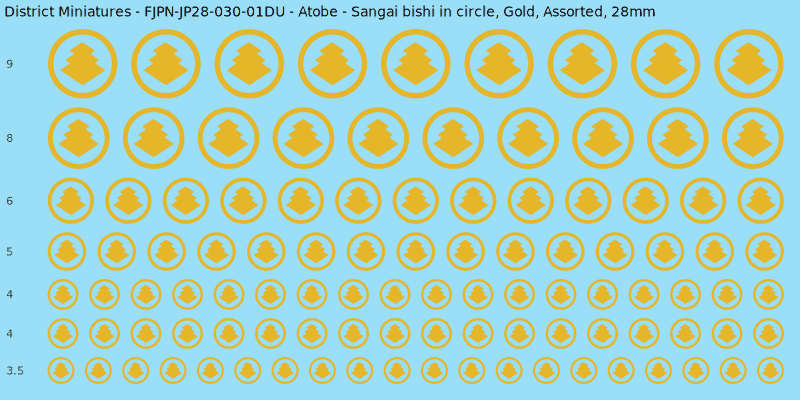 Atobe clan mon, Sangai bishi in circle, Gold waterslide decal sheet, 28mm