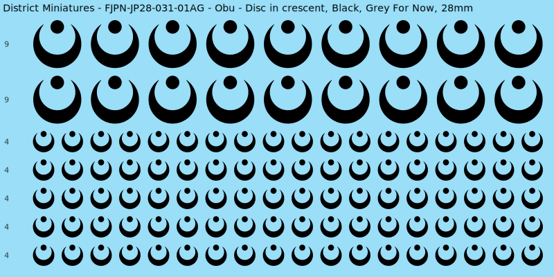 Obu clan mon, Black waterslide decal sheet, Grey For Now banner sizes, 28mm
