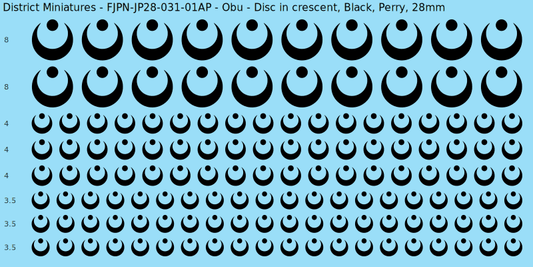 Obu clan mon, Black waterslide decal sheet, Perry banner sizes, 28mm