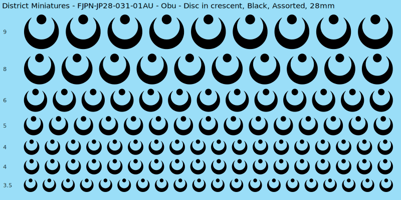 Obu clan mon, Disc in crescent, Black waterslide decal sheet, 28mm