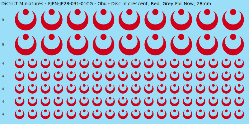 Obu clan mon, Red waterslide decal sheet, Grey For Now banner sizes, 28mm