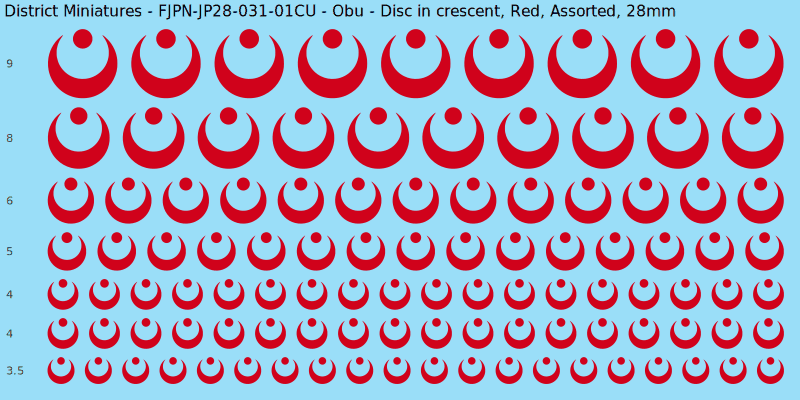 Obu clan mon, Disc in crescent, Red waterslide decal sheet, 28mm