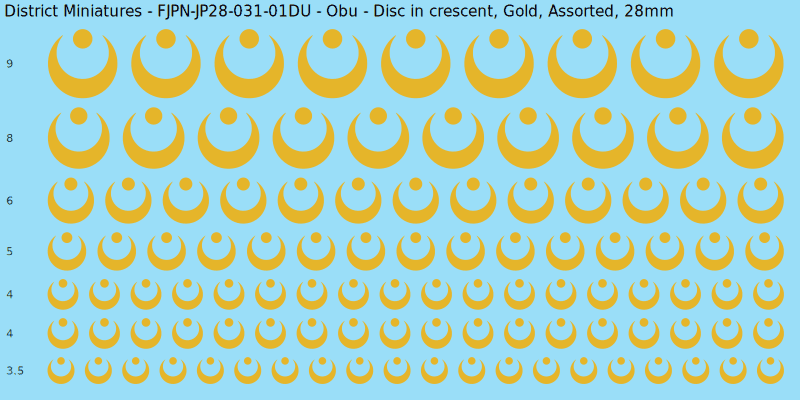 Obu clan mon, Disc in crescent, Gold waterslide decal sheet, 28mm