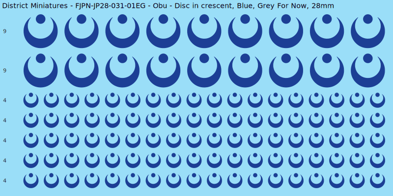Obu clan mon, Blue waterslide decal sheet, Grey For Now banner sizes, 28mm