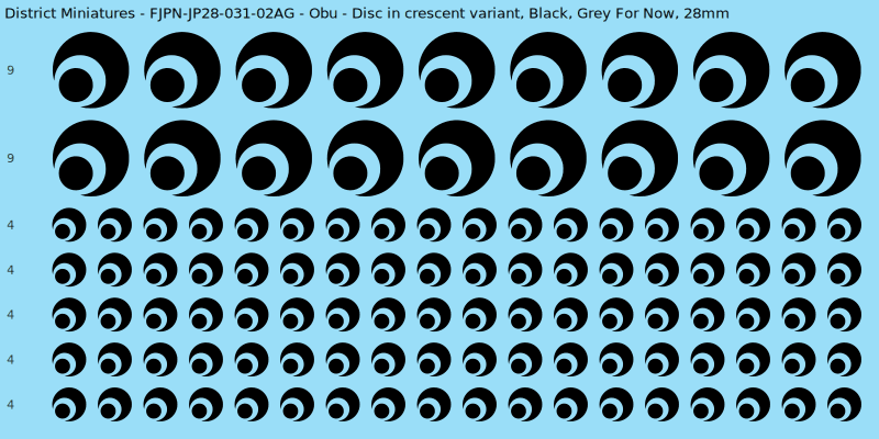 Obu clan mon, Black waterslide decal sheet, Grey For Now banner sizes, 28mm