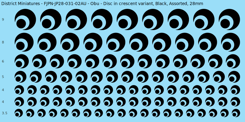 Obu clan mon, Disc in crescent variant, Black waterslide decal sheet, 28mm