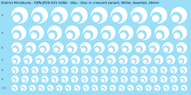 Obu clan mon, Disc in crescent variant, White waterslide decal sheet, 28mm
