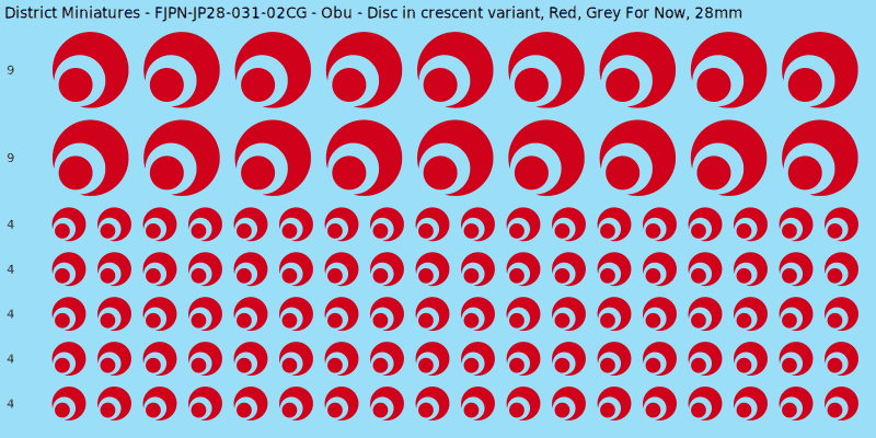 Obu clan mon, Red waterslide decal sheet, Grey For Now banner sizes, 28mm