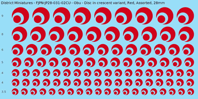 Obu clan mon, Disc in crescent variant, Red waterslide decal sheet, 28mm