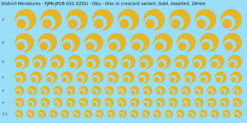 Obu clan mon, Disc in crescent variant, Gold waterslide decal sheet, 28mm