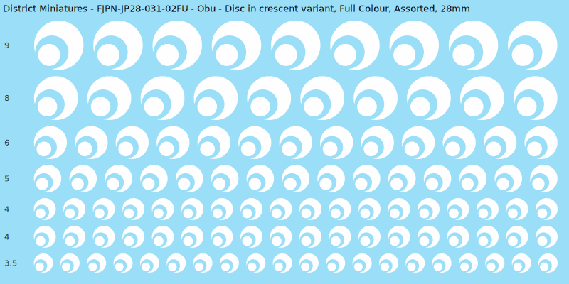 Obu clan mon, Disc in crescent variant, Full Colour waterslide decal sheet, 28mm