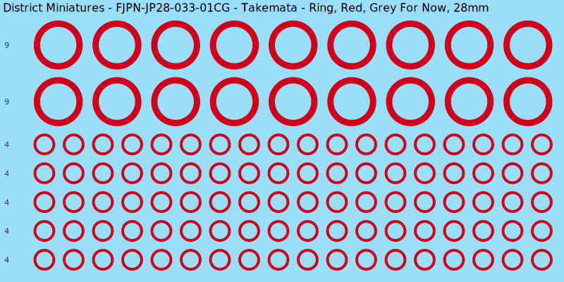 Takemata clan mon, Red waterslide decal sheet, Grey For Now banner sizes, 28mm