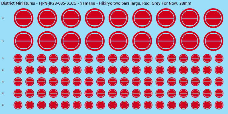 Yamana clan mon, Red waterslide decal sheet, Grey For Now banner sizes, 28mm