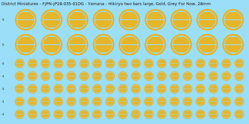 Yamana clan mon, Yellow/Gold waterslide decal sheet, Grey For Now banner sizes, 28mm