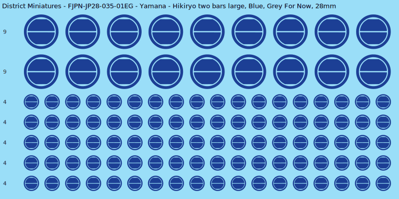 Yamana clan mon, Blue waterslide decal sheet, Grey For Now banner sizes, 28mm
