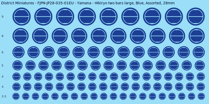 Yamana clan mon, Hikiryo two bars large, Blue waterslide decal sheet, 28mm