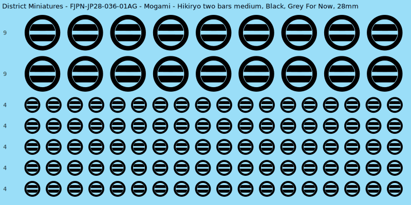 Mogami clan mon, Black waterslide decal sheet, Grey For Now banner sizes, 28mm