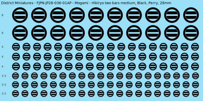 Mogami clan mon, Black waterslide decal sheet, Perry banner sizes, 28mm
