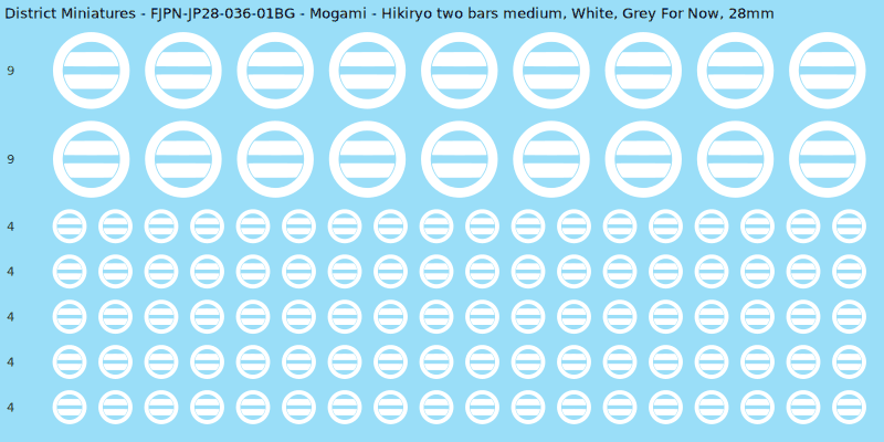 Mogami clan mon, White waterslide decal sheet, Grey For Now banner sizes, 28mm