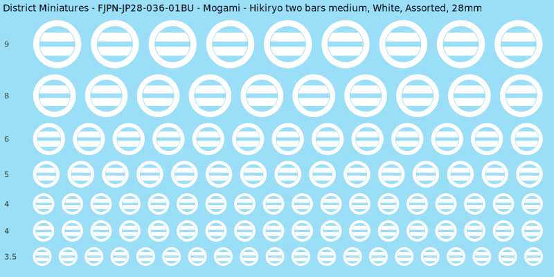 Mogami clan mon, Hikiryo two bars medium, White waterslide decal sheet, 28mm