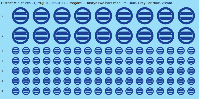 Mogami clan mon, Blue waterslide decal sheet, Grey For Now banner sizes, 28mm