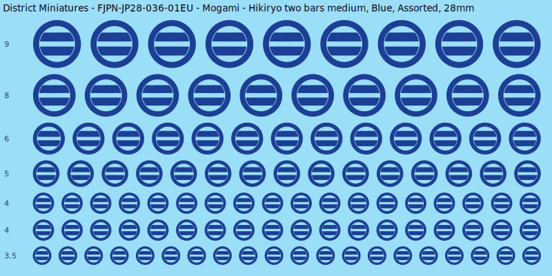 Mogami clan mon, Hikiryo two bars medium, Blue waterslide decal sheet, 28mm