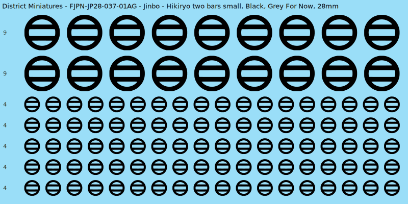 Jinbo clan mon, Black waterslide decal sheet, Grey For Now banner sizes, 28mm