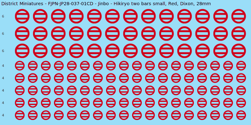 Jinbo clan mon, Red waterslide decal sheet, Dixon banner sizes, 28mm